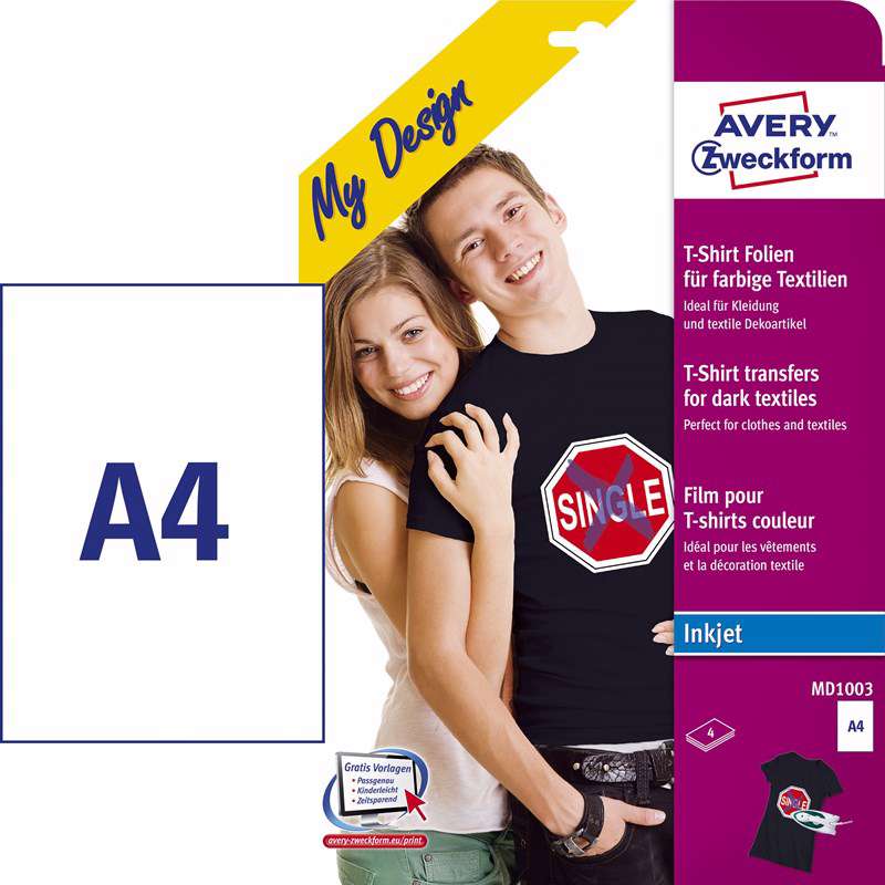 Transfer papir Avery til mørk tekstil A4 1stk/ark 4ark/pak