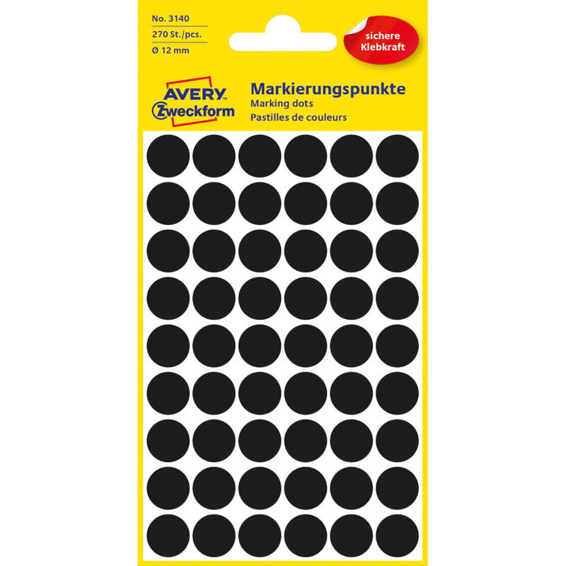 Etiket Avery sort Ø12mm 3140 270stk/pak