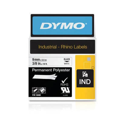 Labeltape DYMO Rhino 9mm sort på hvid poly. 18482