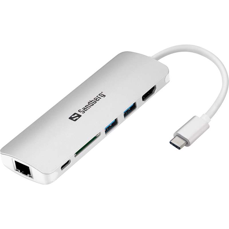 Adapter Sandberg USB-C Dock HDMI+LAN+SD+USB 61W hvid