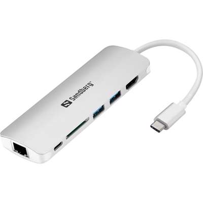 Adapter Sandberg USB-C Dock HDMI+LAN+SD+USB 61W hvid