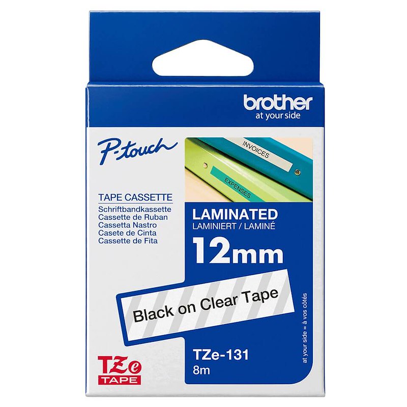 Labeltape Brother TZe131 12mm sort på klar lamineret