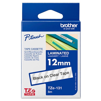 Labeltape Brother TZe131 12mm sort på klar lamineret