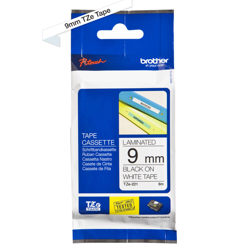 Labeltape Brother TZe221 9mm sort på hvid lamineret