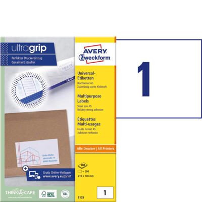 Etiketter Avery label A5 hvid 210x148mm 1/ark 200ark/pk 6135