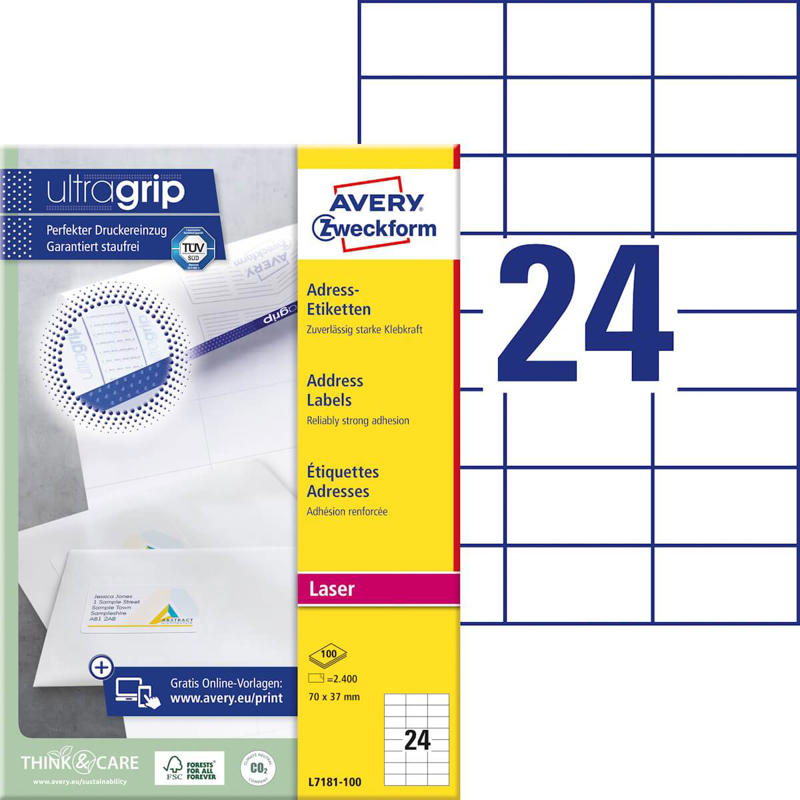 Etiketter Avery shipping laser 70x37mm 24/ark L7181-100