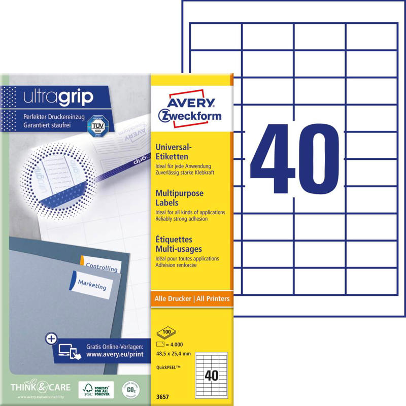 Etiketter Avery label hvid 48,5x25,4mm 40/ark 100ark/pk 3657