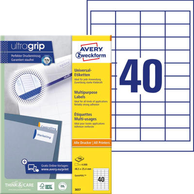 Etiketter Avery label hvid 48,5x25,4mm 40/ark 100ark/pk 3657