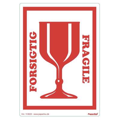 Etiketter selvkl. 150x210mm rød Forsigtig/glas 250stk/rul