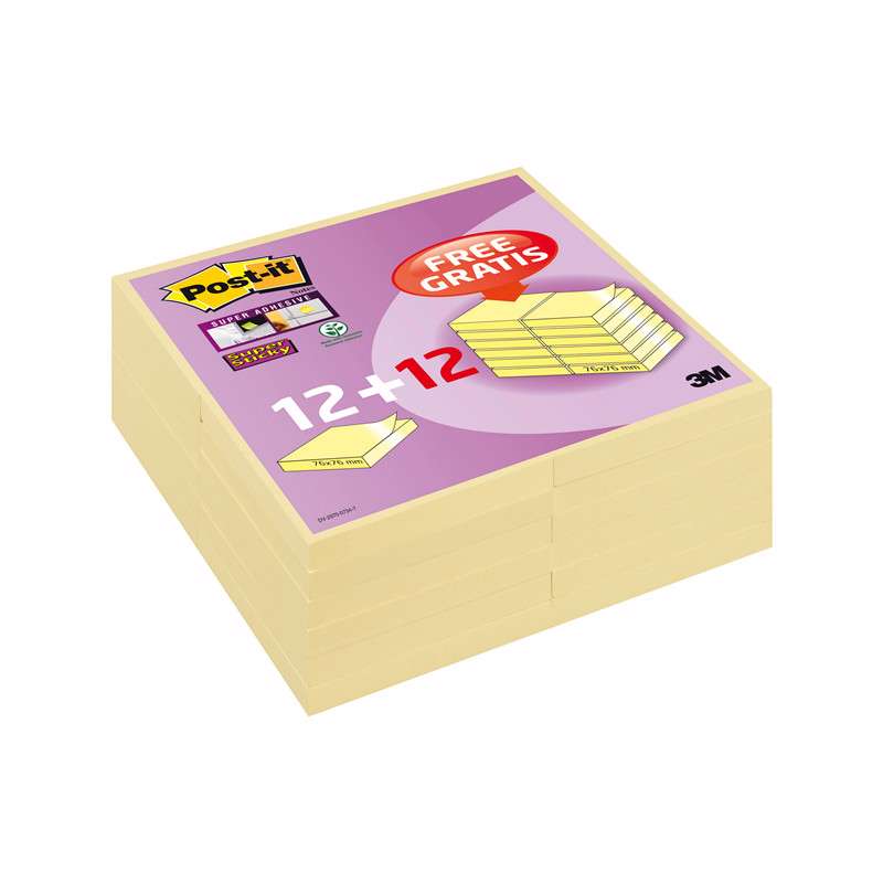 Post-it notes 654SS Super Sticky gul kampagne 12blk/pk. + 12