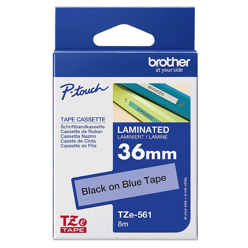 Labeltape Brother TZe561 36 mm sort op blå lamineret