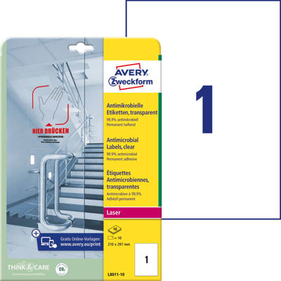 Etiketter Avery antimikrobielle klar 210x297mm L8011-10