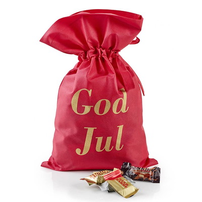 Julegave 2025 Rød Stofpose, God jul Toms Mini Favorit 1000g