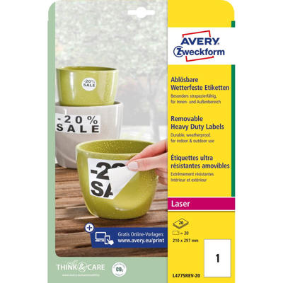 Etiketter Avery outdoor aftagelig 210x297mm L4775REV-20