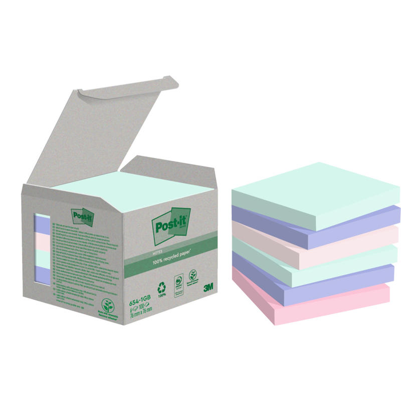 Post-it blok 654 Miljø 76x76mm ass. farver 12blk/pk