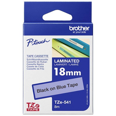 Labeltape Brother TZe541 18mm sort på blå lamineret