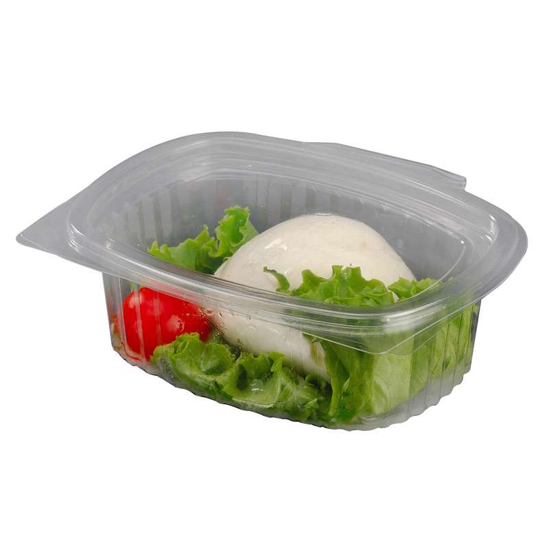 Plastbakke m/hængslet låg oval A-PET 375ml V00511P 50stk/pak