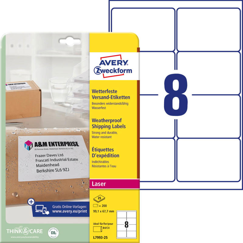 Etiketter Avery shipping mat hvid 99,1x67,7mm L7993-25