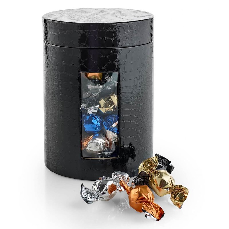 Julegave 2025 Rund hatteæske sort Chokoladekugler 1000g