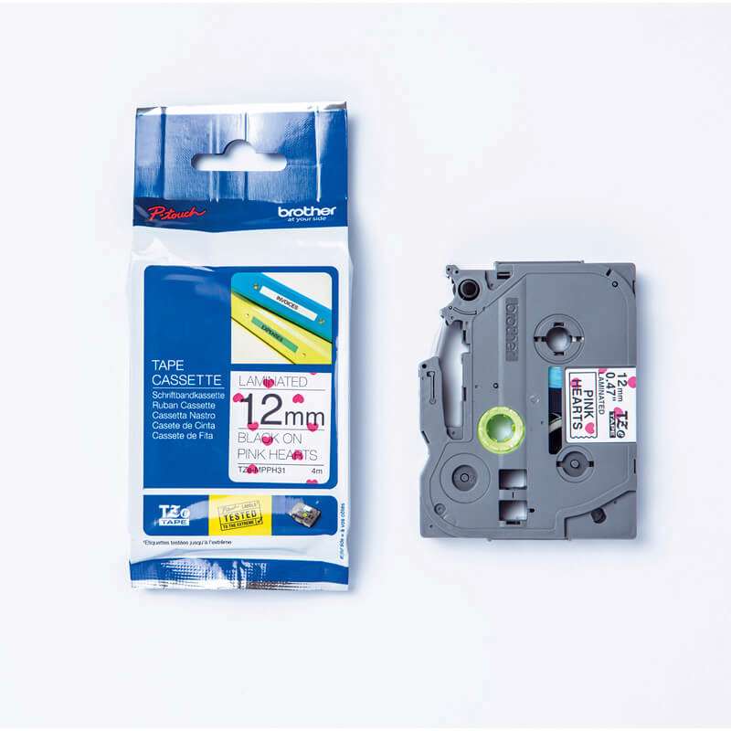 Labeltape Brother 12mm sort på pink mønster TZeMPPH31