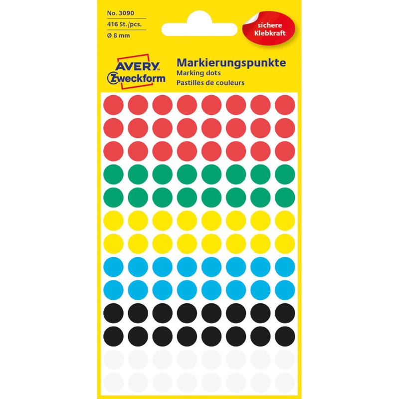 Etiket Avery ass. farver Ø8mm 3090 416stk/pak