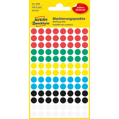 Etiket Avery ass. farver Ø8mm 3090 416stk/pak