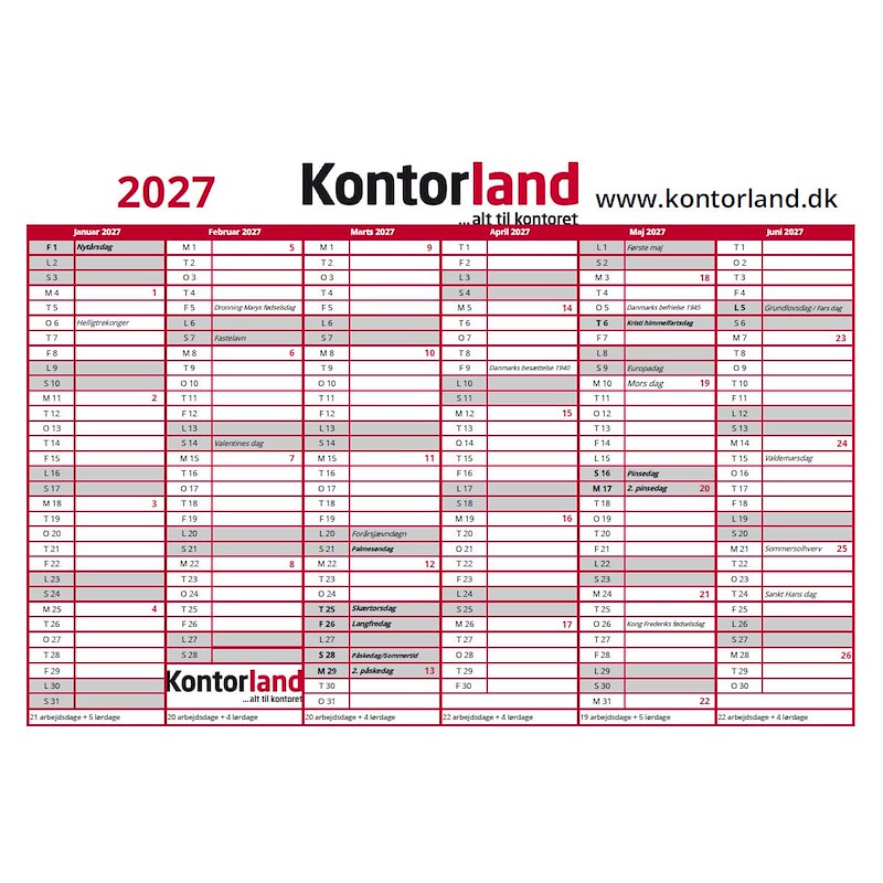 kontorland kalender 2027 m/ ugenumre og helligdage til print