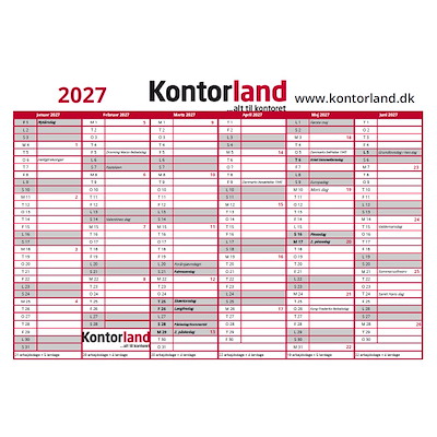 kontorland kalender 2027 m/ ugenumre og helligdage til print