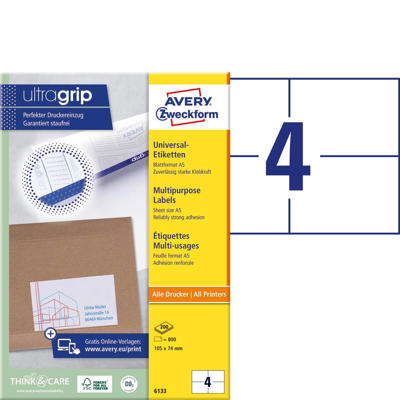 Etiketter Avery label A5 hvid 105x74mm 4/ark 200ark/pk 6133