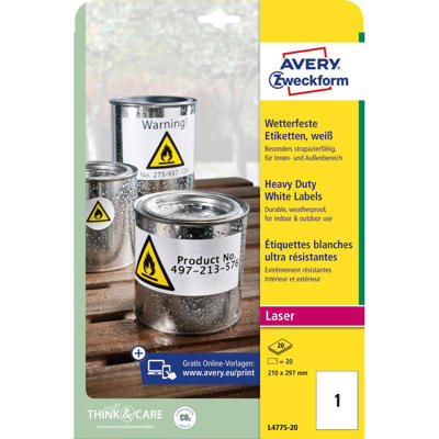 Etiketter Avery label outdoor 210x297mm 20ark/pk L4775-20