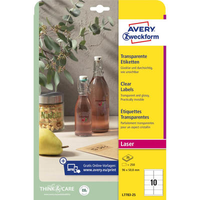Etiketter Avery label laser glossy klar 96x50,8mm L7783-25