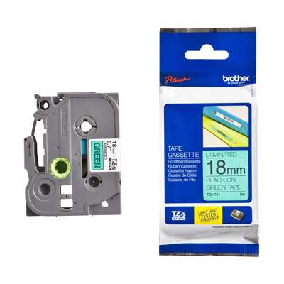 Labeltape Brother TZe741 18mm sort på grøn lamineret
