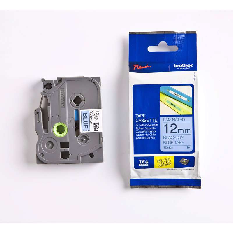 Labeltape Brother TZe531 12mm sort på blå lamineret