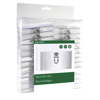 Navneskilte 50x90 mm klar m/clip & papindlæg