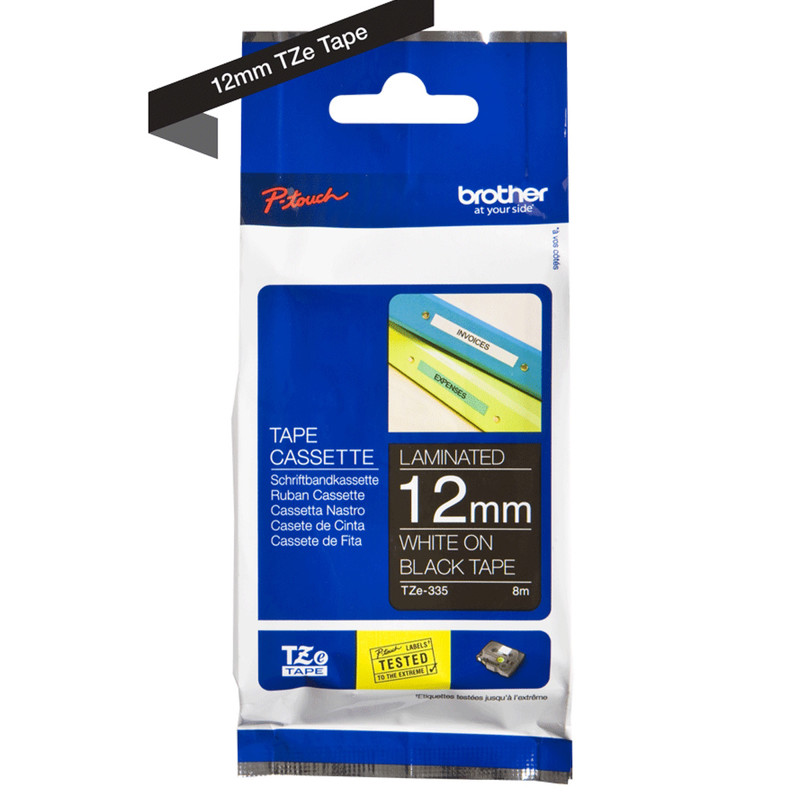 Labeltape Brother TZe335 12mm hvid på sort lamineret