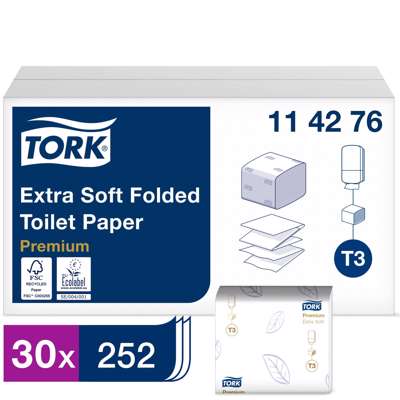 Toiletpapir i ark Tork Bulk T3 Prem 2-lags 114276 7560ark/ka