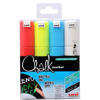 Chalk marker Uni PWE-8K t/whiteboard, glas, 8mm 4 ass./pk.