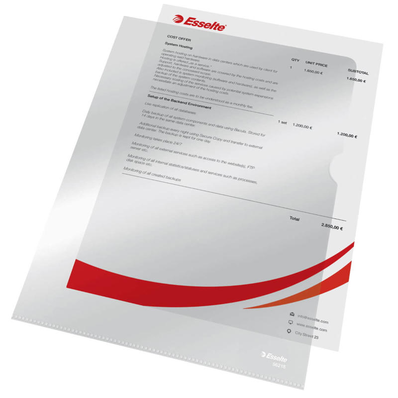 Plastomslag A4 Esselte 0,105mm åben top/ven glasklar 100stk/