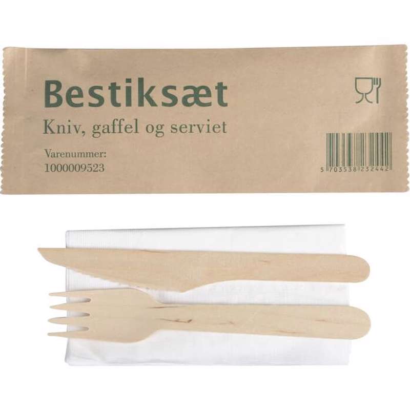 Træbestik kniv gaffel serviet 160mm 400stk brun