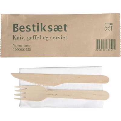 Træbestik kniv gaffel serviet 160mm 400stk brun