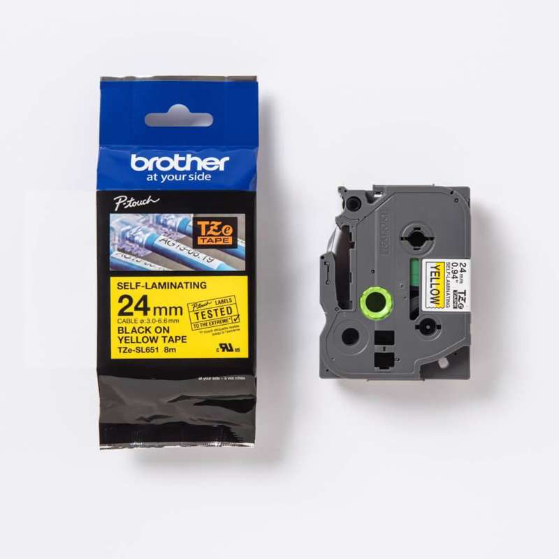 Labeltape Brother 24mm sort på gul selvlaminerende