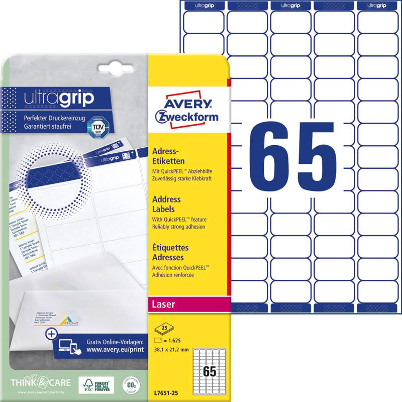 Etiketter Avery shipping laser 38,1x21,2mm 65/ark 7651-25