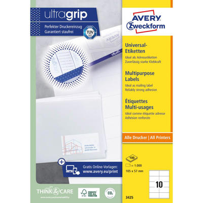 Etiketter Avery label hvid 105x57mm 10/ark 100ark/pk 3425