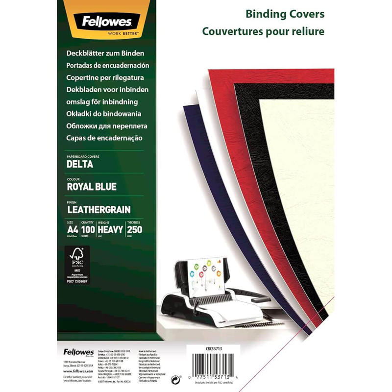 Kartonomslag Fellowes blå 250g A4 genbrug 100stk/pak