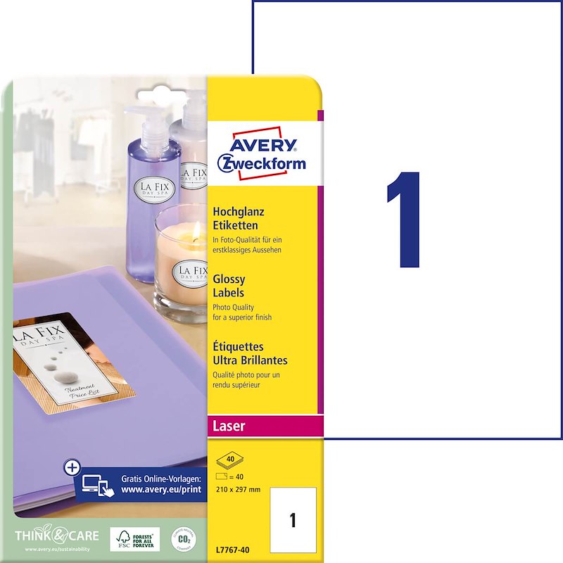 Etiketter Avery label laser glossy hvid 209x295mm L7767-40