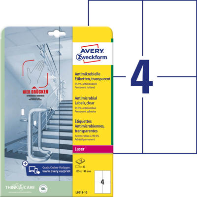 Etiketter Avery antimikrobielle klar 105x148mm L8013-10
