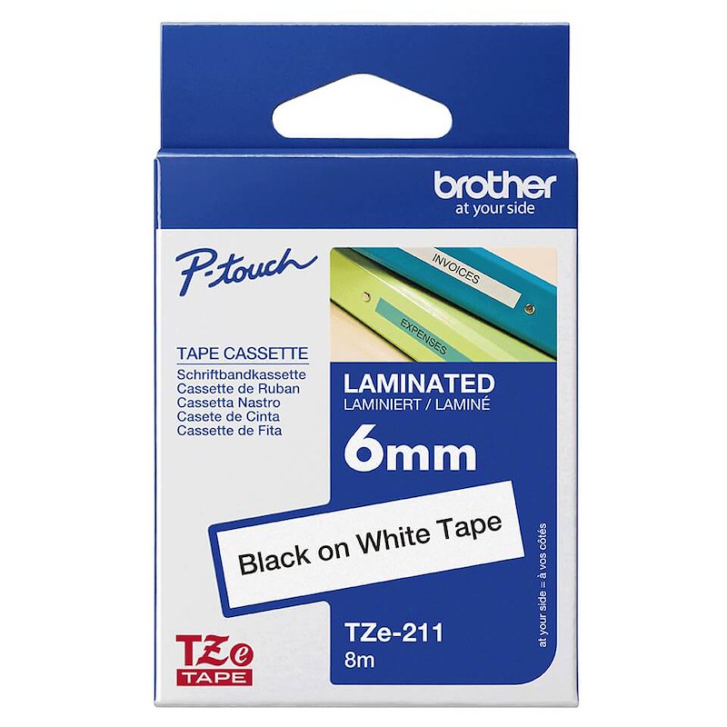 Labeltape Brother TZe211 6mm sort på hvid lamineret