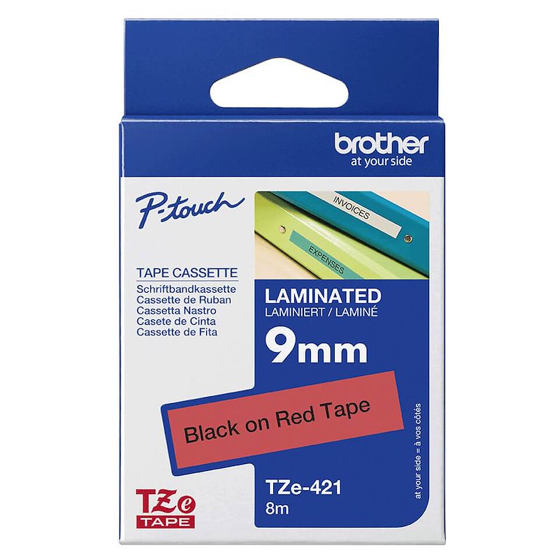Labeltape Brother TZe421 9mm x 8m sort på rød lamineret