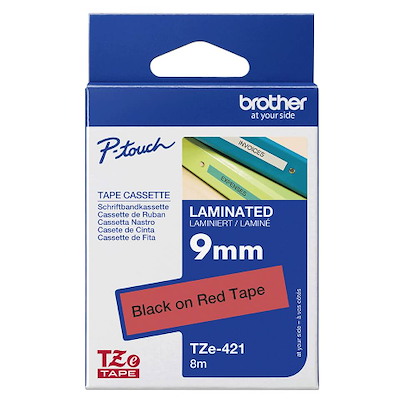 Labeltape Brother TZe421 9mm x 8m sort på rød lamineret