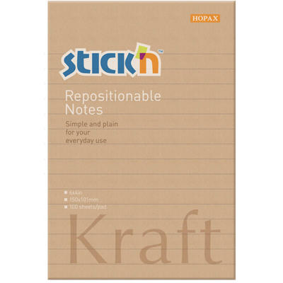 Notes Stick'N Kraftblok brun 150x101mm m/lin. 100bl. 6blk/pk